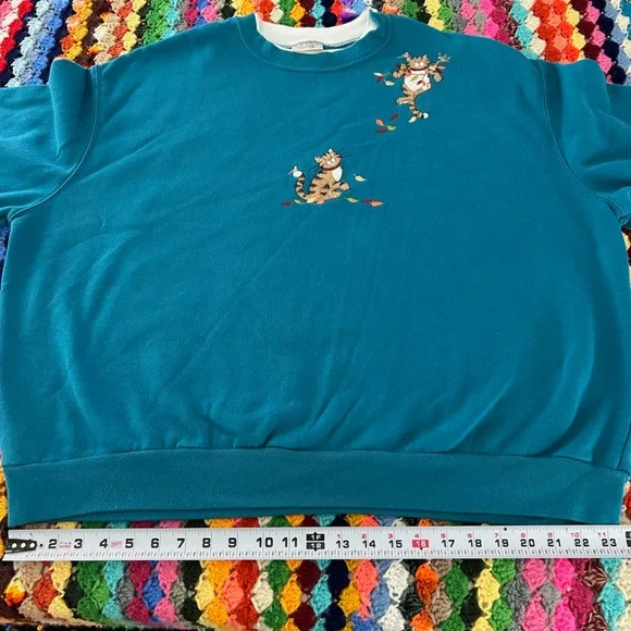 Vintage Y2K Cat Embroidered Patchwork Morning Sun Teal Double Collar Ove… - Picture 8 of 11